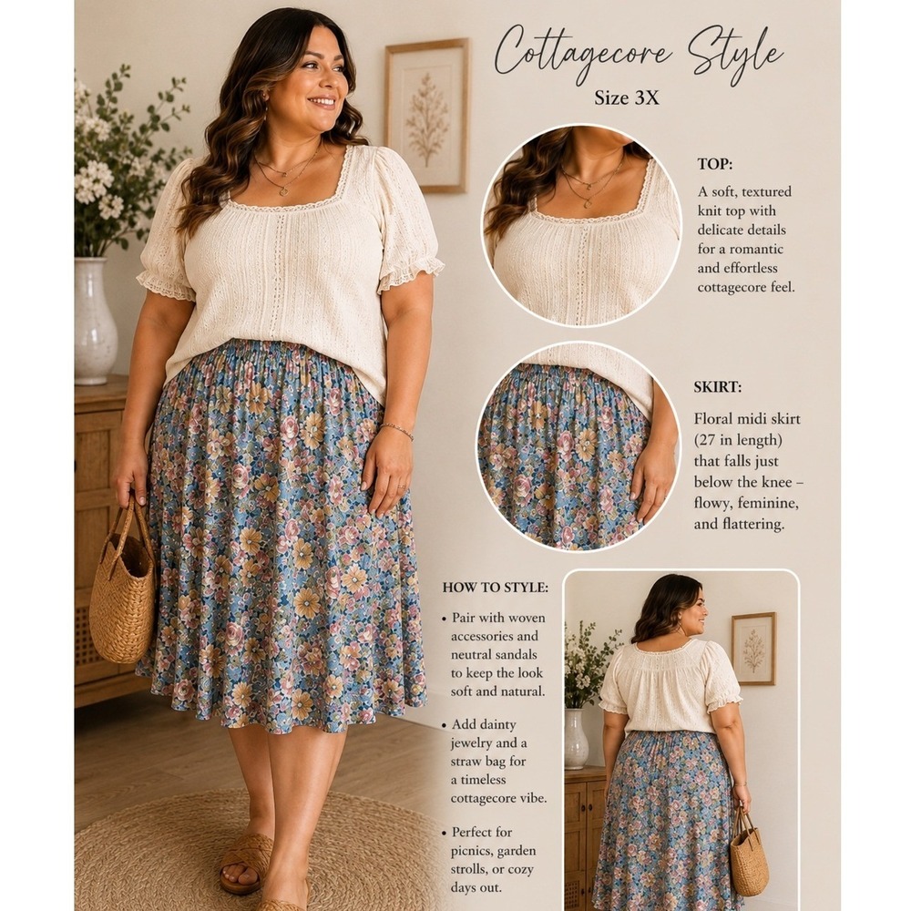 Cottagecore Floral Midi Skirt - Sz 3x-4x Feminine, Lightweight, Stretch